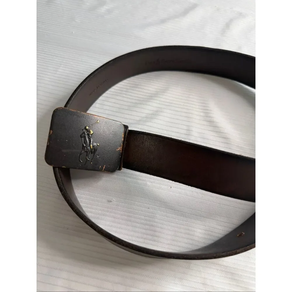 Polo Ralph Lauren Men's Vintage Dark Brown Pony Logo Plaque Leather Belt Size 38